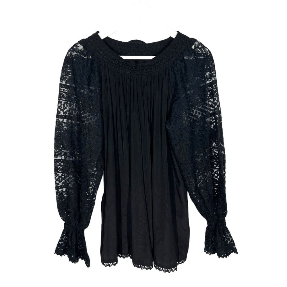 Double D Ranch Black Crochet Lace Long Sleeve Top Medium FLAWED